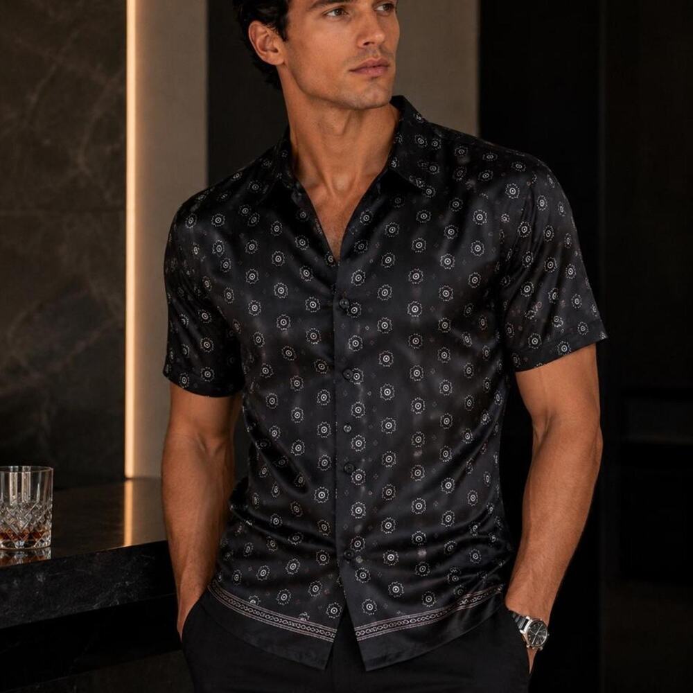 River Island Men’s Black Geometric Print Shirt – Size Medium